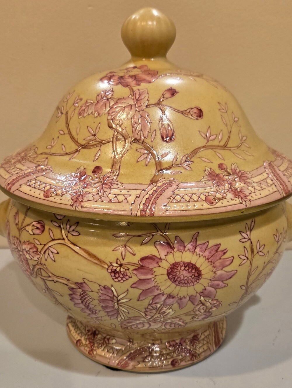 Decorative Floral Lidded Ceramic Jar in Yellow and Pink
